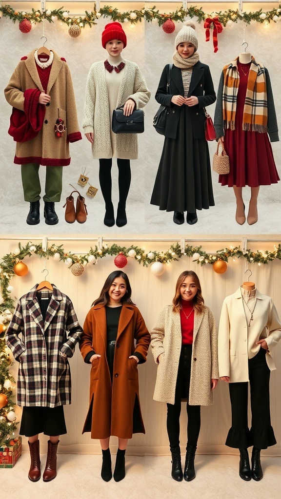 Stylish Korean aesthetic Christmas outfits on display, featuring knitwear, dresses, and accessories in a cozy winter setting.